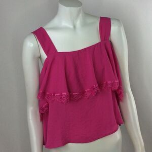 CAD Womens XL Blouse Tank Sleeveless Ruffled Pink Raspberry Ruffled Lace Fringe
